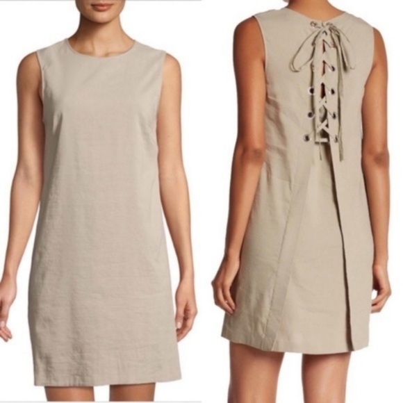 Theory Keshelle Lace-Up Back Shift Dress linen blend‎ size 8 sand color midi - Picture 2 of 10